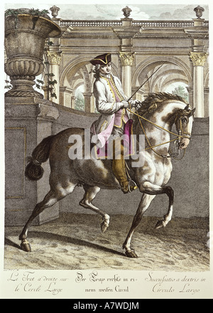 sport, equestrial sport, horse riding, dressage, trot to the right in a wide circle, coloured engraving, 'Neue Reit Schul', edited by Johann Elias Ridinger, Augsburg, 1734, private collection, , Artist's Copyright has not to be cleared Stock Photo