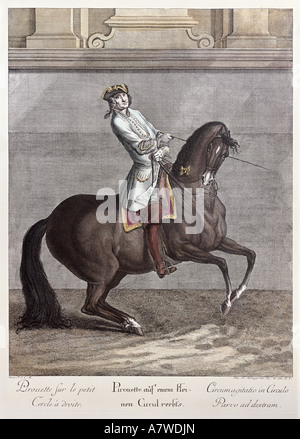sport, equestrial sport, horse riding, dressage, pirouette to the right in a small circle, coloured engraving, 'Neue Reit Schul', edited by Johann Elias Ridinger, Augsburg, 1734, private collection, , Artist's Copyright has not to be cleared Stock Photo