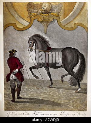 sport, equestrial sport, horse riding, dressage, trot on the curb, coloured engraving, 'Neue Reit Schul', edited by Johann Elias Ridinger, Augsburg, 1734, private collection, , Artist's Copyright has not to be cleared Stock Photo