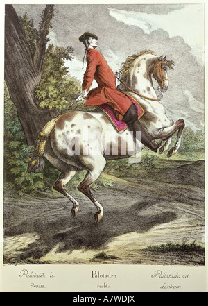 sport, equestrial sport, horse riding, dressage, ballotade on the right, coloured engraving, 'Neue Reit Schul', edited by Johann Elias Ridinger, Augsburg, 1734, private collection, , Artist's Copyright has not to be cleared Stock Photo