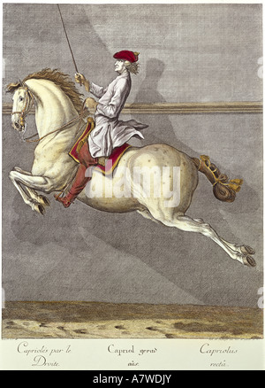 sport, equestrial sport, horse riding, dressage, caper foreward, coloured engraving, 'Neue Reit Schul', edited by Johann Elias Ridinger, Augsburg, 1734, private collection, , Artist's Copyright has not to be cleared Stock Photo