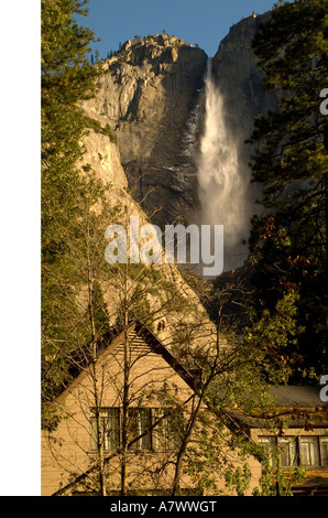 Yosemite Falls behind Yosemite Lodge Stock Photo