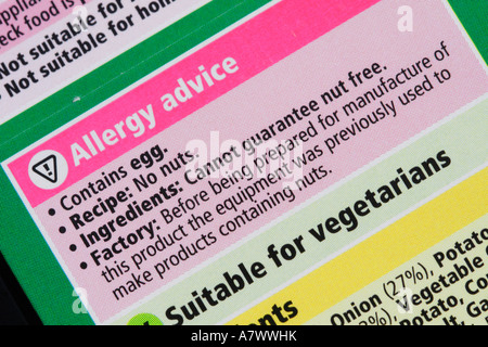 Food allergy advice contents warning product information Stock Photo
