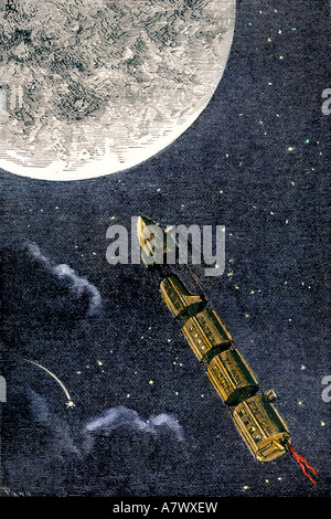 Projectile train to the moon suggested as a form of future space travel 1870s. Hand-colored woodcut Stock Photo