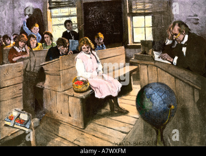 Teacher in a rural one-room school, 1800s. Hand-colored woodcut Stock ...