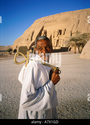 Egypt, Nubia, Abu Simbel, Ramses II temple at daybreak, the guardian of the temple and the key (Ankh) Stock Photo