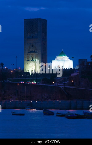 MOROCCO, Rabat: Hassab Tower & Mousoleum of Mohammed V Evening Stock Photo