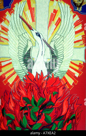 Phoenix rising from ashes on needlepoint tapestry at Olivet Church UCC. St Paul Minnesota USA Stock Photo
