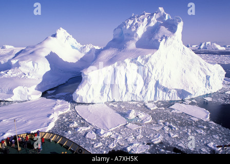 Antarctica, bow of the Expedition cruise ship Ms. World Discoverer cruising though ice flow. Stock Photo