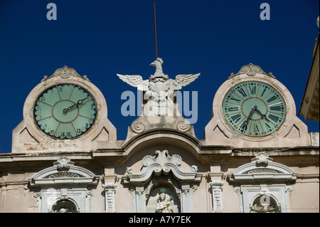 Italy, Sicily, Trapani, Palazzo Senatorio (Cavaretta), Twin Clock Tower Stock Photo