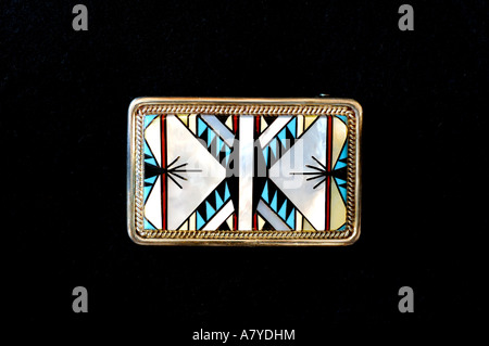 Southwest, American Indian art & handicrafts. Classic Zuni inlay belt buckle, blanket pattern. Property release. Stock Photo