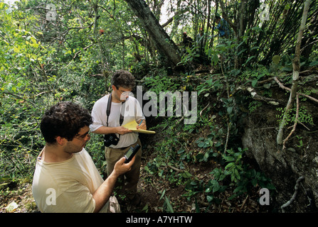 William Saturno takes GPS reading at San Bartolo, excavation of Maya Mural depicting Corn god myth dating prior to 100 AD Stock Photo