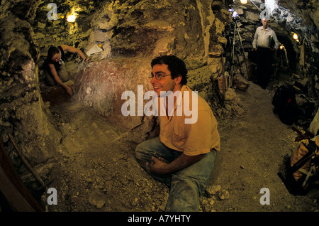 William Saturno, at San Bartolo excavation of Maya Mural depicting Corn god myth dating prior to 100 AD, found in Maya pyramid Stock Photo