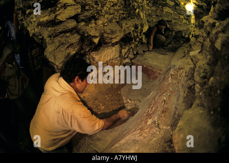 William Saturno, at San Bartolo excavation of Maya Mural depicting Corn god myth dating prior to 100 AD, found in Maya pyramid Stock Photo