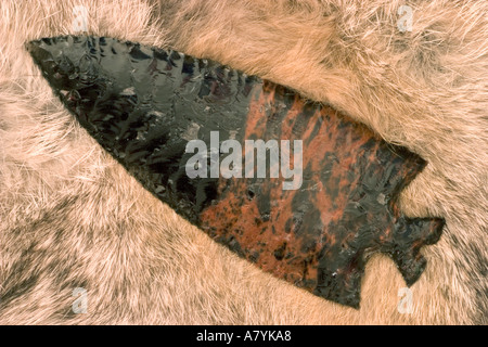 Obsidian arrowhead resting on background of animal fur Stock Photo
