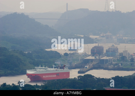 Panama City, Panama, Canal, Pedro Miguel Locks and new bridge seen from Ancon Hill Stock Photo