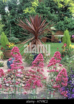 Domestic back garden featuring Valerian with Cordyline with small water feature set in area previously occupied by a fish pond Stock Photo