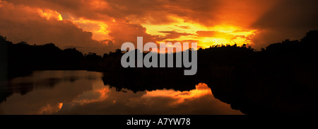 Silhouette of African bush & trees against orange yellow sky of sunset as sun is setting just before dark on lake  and edge of rainforest, West Africa Stock Photo