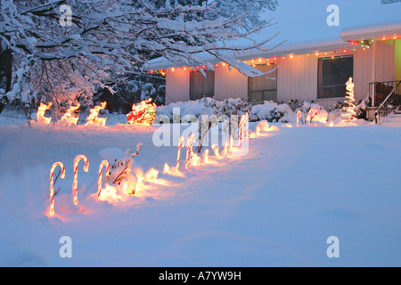 USA, California, Mt. Shasta, Christmas lights Stock Photo