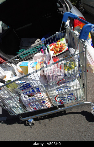 Full supermarket shopping trolly full being loaded into a car Stock Photo