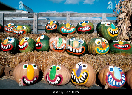 Halloween pumpkins painted faces Fall autumn Stock Photo