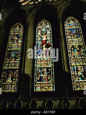 Stained glass lancet shaped windows, Durham Cathedral, Durham City, Durham, England, UK. Stock Photo