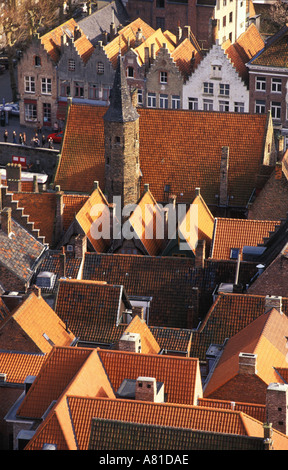 Bruges Belgium Roofs taken from church town. Traditional buildings. Aerial Stock Photo