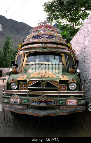 Pakistan Azad Kashmir Gilgit transport decorated Bedford bus front Stock Photo