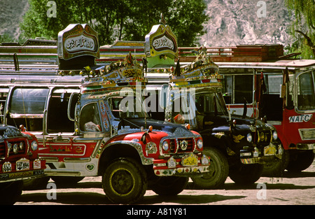 Pakistan Azad Kashmir Gilgit transport detail of decorated Bedford buses Stock Photo