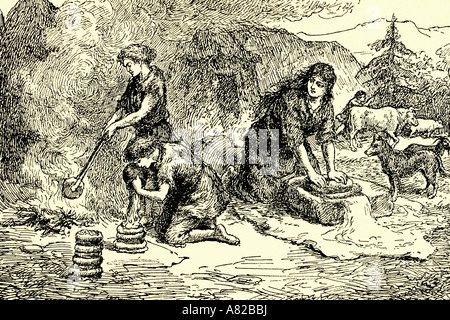 Neolithic period. Making bread Antique illustration. 1924. Stock Photo