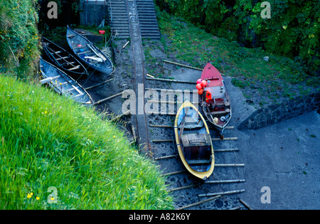 Faroe Islands small boats in the harbour of Gjogv Stock Photo