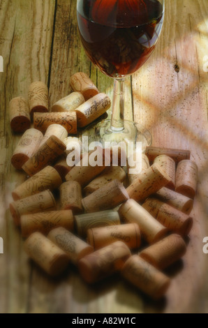 various cork wine bottle stoppers in random pattern close up Stock Photo