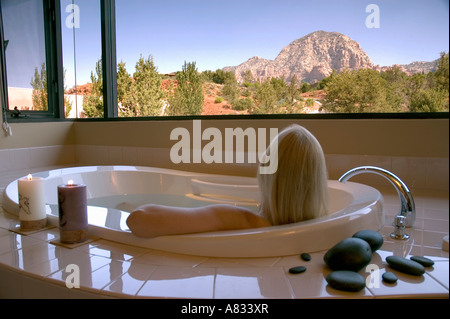 Woman enjoying herself at spa at Sedona Rouge Hotel Sedona Arizona USA Stock Photo