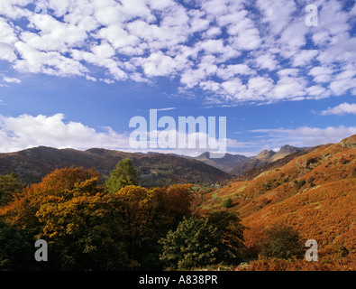 View across Langdale Valley to Pikes Bowfell and Crinkle Crags in 'Lake District' National Park with blue mackerel sky in autumn Stock Photo
