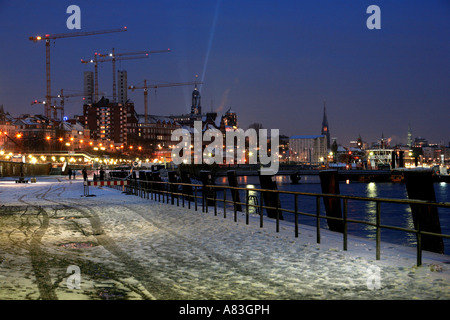 River Elbe at Fischmarkt in Altona, St. Pauli construction site of Astra Beer Co., and church steeples in the inner city of Hamburg, Germany Stock Photo