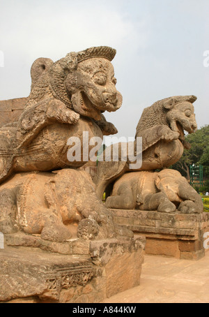 huge stone carvings of Lions dominating elephants at magnificent UNESCO World Heritage  Sun Temple at Konark ,Puri,Orissa India Stock Photo