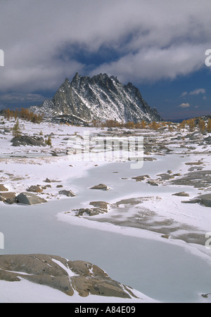 Prusik Peak and snow covered Upper Enchantment Lakes Enchantment Lakes Alpine Lakes Wilderness Washington Stock Photo