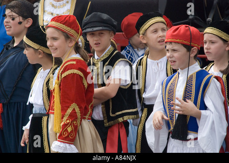 Australian children of Greek descent celebrate at a festival in traditional costume Stock Photo