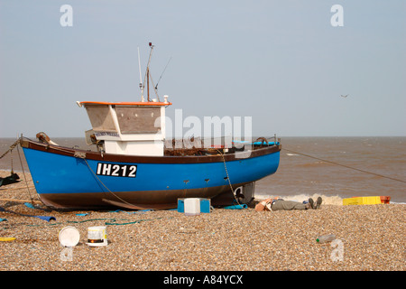 Blue Boat Aldeburgh Suffolk England. Stock Photo
