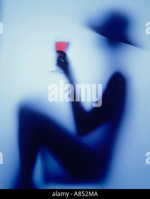 Impressionist fine art photographic image of a silhouette of a woman with a glass of wine. Stock Photo
