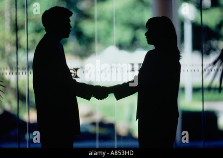 Indoor side view silhouette of man and woman handshake greeting. Stock Photo