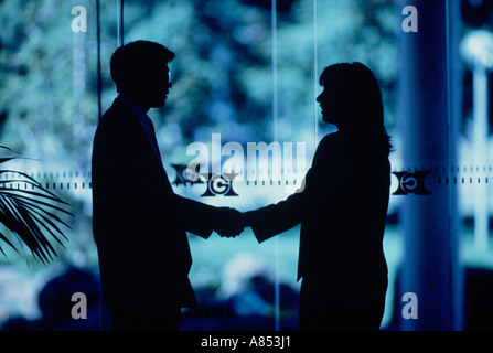Man and woman handshake. Silhouetted in front of glass panels of commercial building interior. Stock Photo