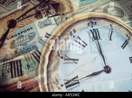 Composite image clock faces and international currency notes. Stock Photo