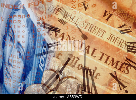 Composite image of World financial press, time clock face and persom's face on money note. Stock Photo