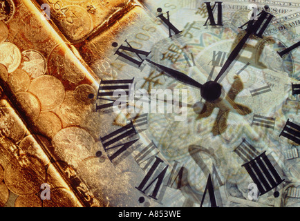 Composite image of gold bullion and time clock face. Stock Photo