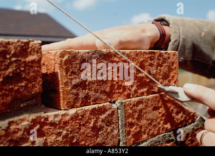 Close-up of bricklayer's hands laying brick wall. Stock Photo