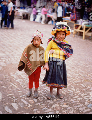 Peru. Pisac Indian market. Local children. Stock Photo
