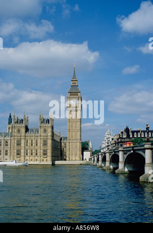 United Kingdom. England. London. Westminster. View of Houses of Parliament and Big Ben clock tower from across River Thames. Stock Photo