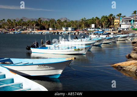 Colorful fishing boats and the Baja Sur port of Loreto Mexico Stock Photo