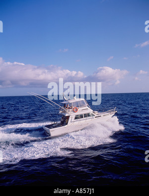 Fast motor boat with fly bridge at sea. Stock Photo